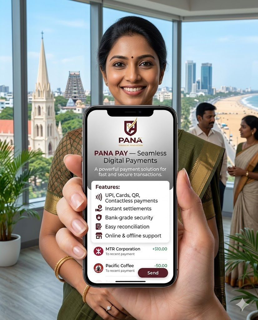 Hand holding a smartphone showing the PANA PAY app with payments features and recent transactions.