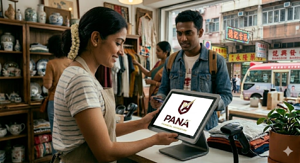 Shop staff showing a PANA POS tablet to a customer at the checkout counter.